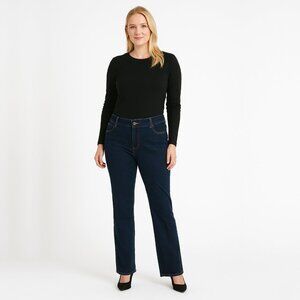 2/$30 Chico's Platinum Straight Jeans Embroidered Pockets Dark Indigo 6 #1576